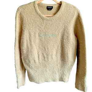 Bebe Women’s Blush Pink Fuzzy Rhinestone Logo Sweater Pullover Size XL